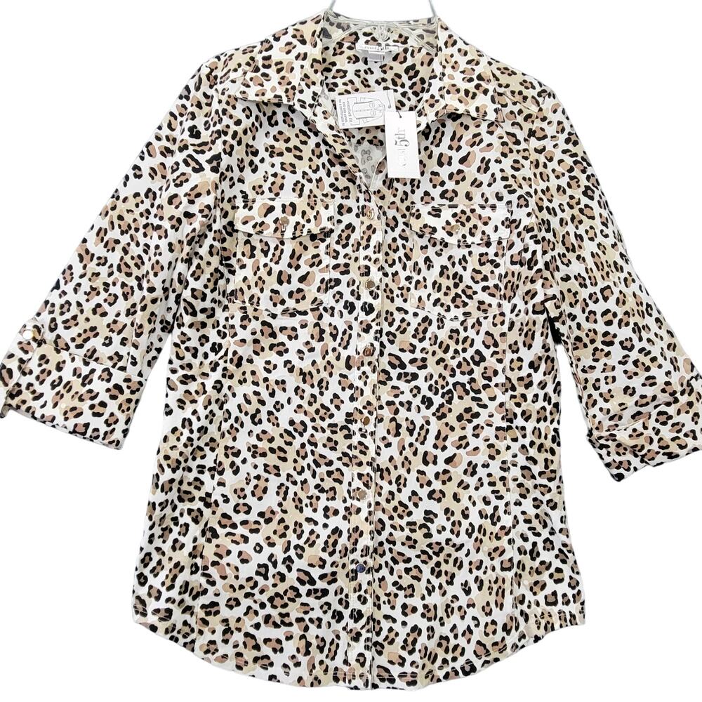 East 5th White Leopard Shirt Blouse NEW $37 Stretch Buttons 3/4 Sleeves Women XS